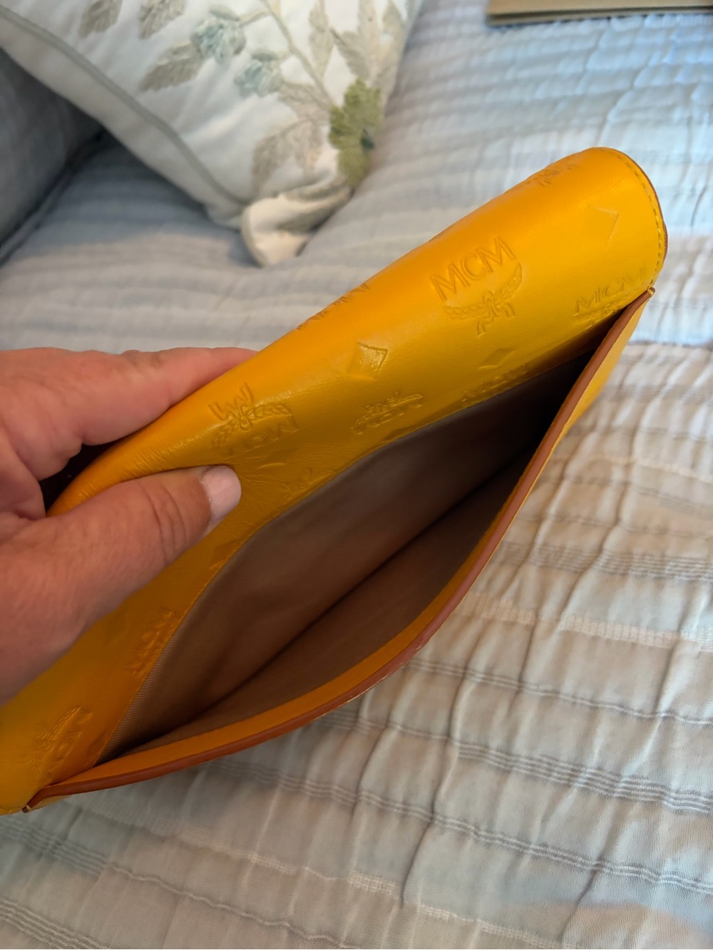 MCM Embossed Leather Envelope Clutch in Mustard - Picture 4 of 14